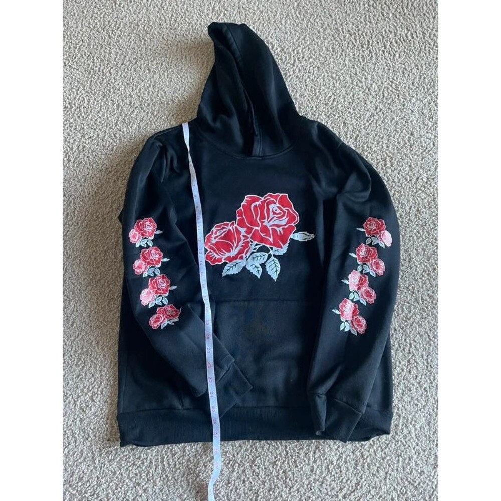 Women's Small Black Red Rose Floral Graphic Hoodie 🌹